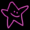 Two pink neon star-shaped icons with smiling faces on a black background, one static and one blurred.