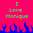 Pixelated text 'I Love Monique' in green on bright pink background with blue flame shapes at bottom.