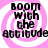 Four identical pixelated text arranged in a on a pink and white spiral background, each displaying 'boom with the attitude' in black block letters