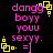 Pixelated text and symbols on black background with pink and yellow elements, showing repeated phrases and animated square patterns.