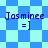 Four identical pixelated text-based icons display 'Jasminee =]' on blue and cyan checkered backgrounds with varying patterns.