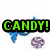 Animated sequence showing three distinct candy-themed backgrounds with 'CANDY!' text overlays in green, purple, and cyan.