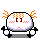Pixelated character with white body, orange spots, and black limbs in six sequential poses showing facial expression changes.