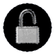 Two circular icons with black backgrounds show a silver padlock in open and closed states above purple circles containing blue text.