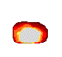 Pixelated explosion sequence showing fire and smoke progression from small bursts to large cloud, ending in dark debris rings.