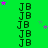 Green background with repeated 'JB' text in black pixelated font, scattered purple and gray stars, and a gray rectangle in the bottom-right corner.