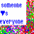 Pixelated blue text and symbols on white background with colorful pixelated vertical bar, showing partial phrases like 'someone', 'is', 'everyone', 'except for me' in a static layout.