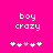 Pixelated text 'boy crazy' in white on bright pink background with five heart symbols below, two variations of the hearts animated.