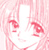 Pixelated pink-toned image of a smiling face with closed eyes and red accents on cheeks, nose, and mouth against light background.