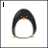 Animated penguin icon with changing text elements across frames, featuring black and white body, orange beak and feet, and pixelated style.