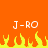 Pixelated orange background with two identical white text strings "J-RO" above yellow-orange flame shapes.
