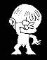 White cartoon figure with short hair and flower on nose, performing sequential hand movements against black background.