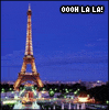 Animated sequence of the Eiffel Tower at night with 'OONN LA LA!' text above, showing color variations in the text across frames.