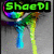 Pixelated green text 'Shaepl' above a colorful, abstract, multi-colored figure with blue, green, yellow, and purple segments against a gray background.