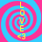 Four identical spiral patterns with alternating pink and blue rings, each containing vertical yellow text 'LOVE' and '<3' on a solid blue background.