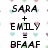 Pixelated text reads SARA + EMILY = BFAF with pastel heart shapes scattered around on a white background.