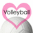 A pixelated heart-shaped icon with pink outline and white interior containing gray text reading 'Volleyball' over a gray and white background.