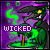 A green dragon with a black hat and yellow eyes breathes green smoke over a bubbling cauldron, with the word WICKED in purple text below.