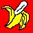 Pixelated yellow banana with white stem on red background, rendered in low-resolution digital art style.
