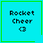 Four cyan square with green borders display "Rocket Cheer" text and a heart symbol, each showing a distinct animation state with a heart or star icon in the corner