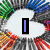 Pixelated icon with colorful radial lines, two white circular shapes, a vertical blue bar, and bold text elements.