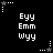 Black background with white pixelated text 'Eyy Emm Wyy' repeated in six positions, surrounded by white and gray star-shaped icons with dotted lines.
