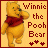 A 3x3 contact sheet of seven animated frames showing Winnie the Pooh in a red shirt with changing text and heart symbols on an orange background.