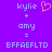 Purple background with pixelated text and a pink heart symbol; two identical side-by-side layouts showing 'kylie + amy = BFFAELTDO' in light blue pixels.