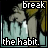 Pixelated image of a figure with light hair and clothing against a dark background, with text reading 'break' at top and 'the habit.' at bottom.
