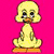 Yellow duckling with large eyes and orange beak sits on orange base against bright pink background.