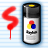 Red spray-paint trail next to a black-and-silver spray can with CMYK color dots on its label, set against light blue and white striped background.
