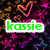 Six distinct 'kassie' text displays in various colors and backgrounds arranged in a , each with unique visual styles and patterns