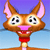 Pixelated cartoon fox mascot with large ears, wide eyes, pink nose, and red collar on a gradient background.