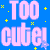 Pixelated blue background with repeated pink text "TOO cute!" and yellow starbursts, featuring a gray transparency area on the right side of the contact sheet layout.