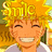 Pixelated anime-style character with spiky yellow hair, closed eyes, and a wide smile showing teeth, wearing a light purple shirt.