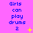 Blue text 'Girls can play drums 2' on a bright pink background with yellow star-like symbols in various positions