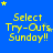Blue background with yellow text reading "Select Try-Outs Sunday!!" repeated in a , stars scattered around the text