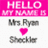 A four- with text and a photo: pink header, grayscale name with heart, purple text block, and a person's head