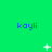 Green background with blue 'kayli' text repeated in a , white pixelated symbols changing across frames