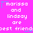 Pixelated text on a bright pink background with cyan and purple star-like dots, repeating 'marissa and lindsay are best friend' in multiple