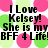Pixelated text on a background of pink and green circles, with phrases like "I Love Kelsey!" and "You are like my sister!" in black block letters.