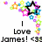 Pixelated icon with colorful star and flower shapes surrounding black text reading 'I Love James! <3' on white background.