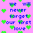 Pixelated text and green heart shapes on a pink background, with blue lettering reading 'we will never forget our first love' repeated across the image.