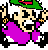 Pixelated character with green hat, purple outfit, and white hair in two poses: left pose shows open mouth and raised arm, right pose shows closed mouth and lowered arm.