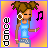 Pixel art contact sheet showing two frames of an animated AIM buddy icon featuring a cartoon woman with brown pigtails, blue tank top, and denim shorts dancing against gradient backgrounds with musical notes and vertical text.