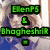 A pixelated image of a person with blonde hair and blue clothing, featuring overlaid text in green, blue, and pink colors.