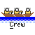 Animated contact sheet of six frames showing pixelated yellow figures rowing a brown boat on blue water with the word "Crew" below each frame.