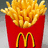 A red container filled with golden-brown French fries, featuring the McDonald's logo on its side, set against a solid red background with yellow pixelated text.