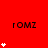 Red background with repeated 'rOMZ' text and white star-like symbols in varying quantities per section.