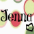Pixelated text 'Jenna' in black serif font with red oval background, surrounded by pastel circular shapes and a heart outline.